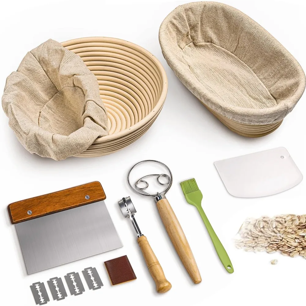 Proofing Basket Banneton - 14点パン発酵かごセット 10インチ丸型オーバルサワードウ用、生地泡立て器、パン用ナイフ、シリコンブラシ付き DIYベーキング用